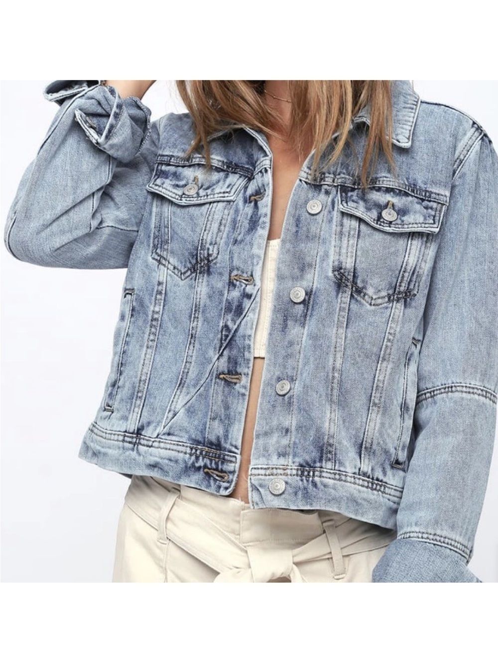 Free People Rumors Light Wash Blue Denim Jean Jacket Size XL - Picture 1 of 11
